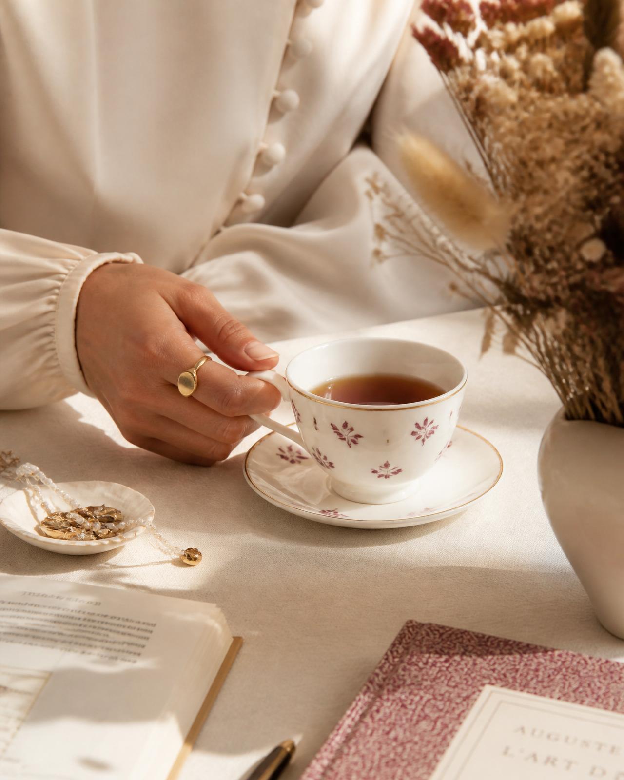 A woman holding a delicate teacup in soft daylight