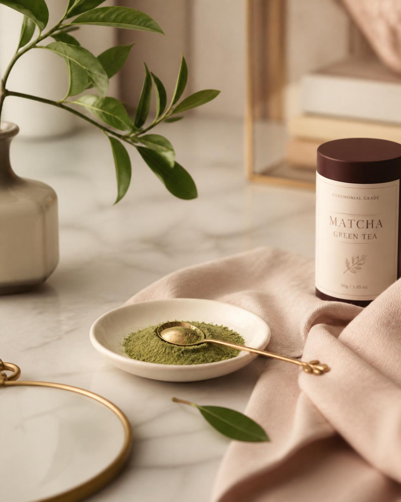 A serene morning scene with matcha, gold spoon and soft blush linen